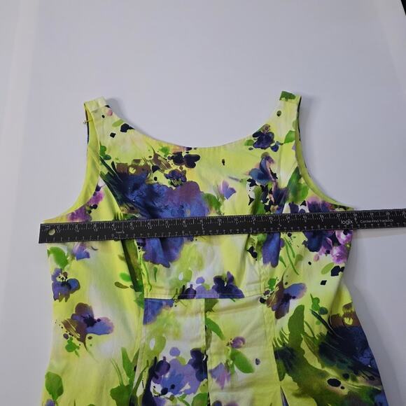 Nine West Dress Womens 10 Chartreuse Lime Green Purple Floral Fit & Flare Pleate - Picture 7 of 9